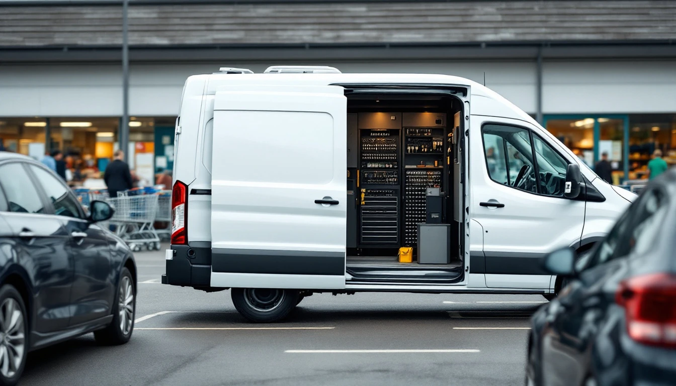 A mobile locksmith service van parked beside a car in a Grand Prairie, Texas car park with the side door open showing key-cutting equipment