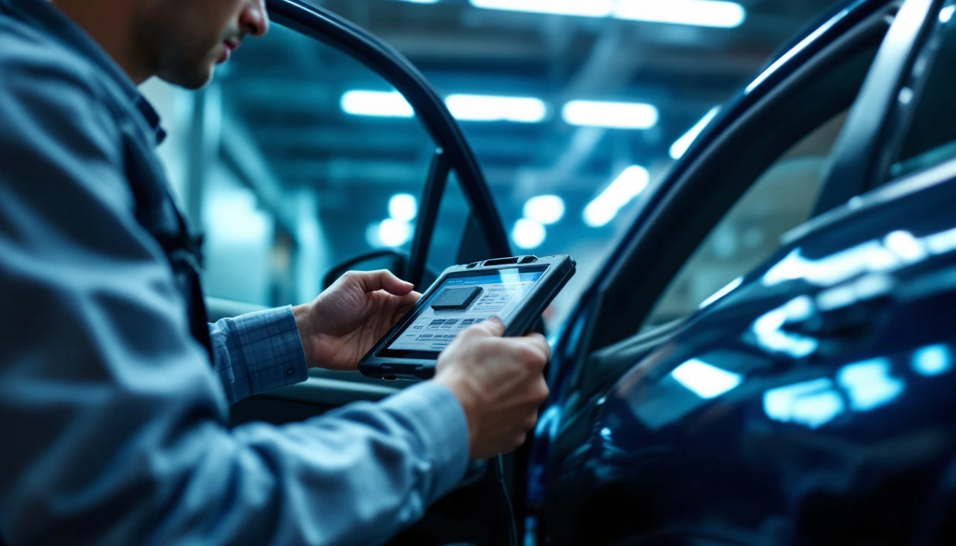 Technician with a professional diagnostic tablet connected to a large luxury sedan at an open driver door, Grand Prairie Texas