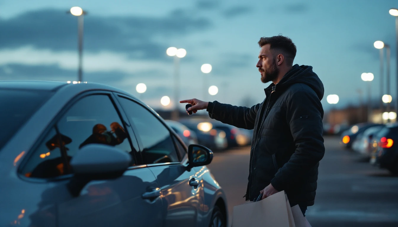 A man standing beside a grey car in a supermarket car park at dusk, pointing a key fob at the vehicle with shopping bags in his other hand