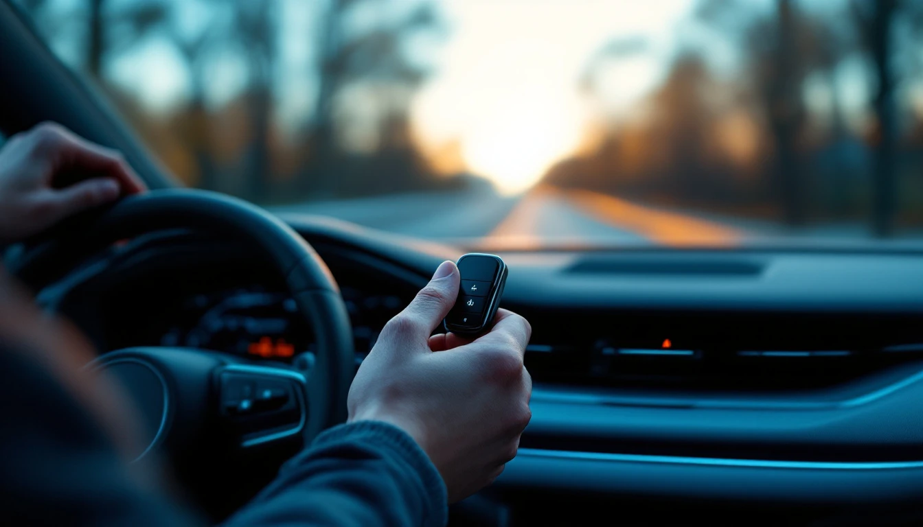 A driver holding a smart key fob inside a car with the dashboard dark at dusk