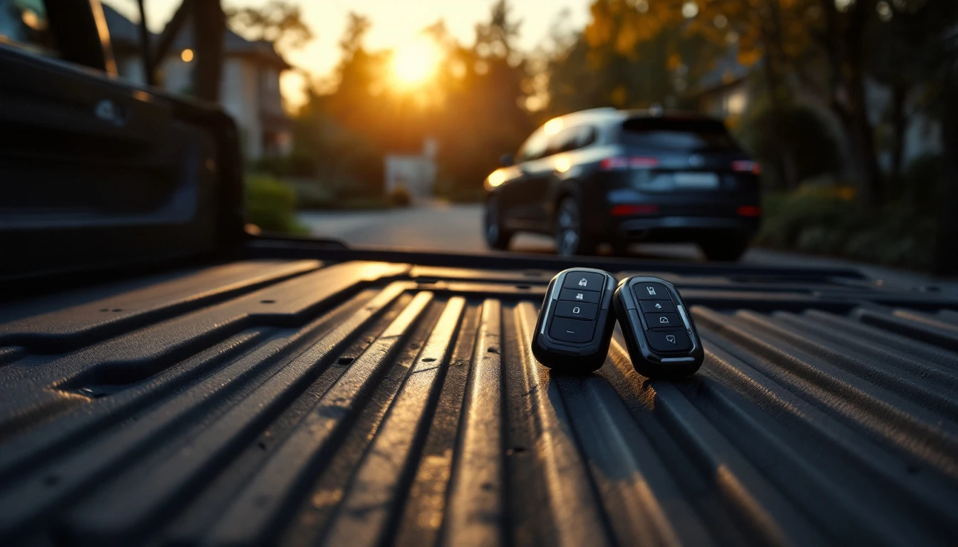 Full-size pickup and SUV keys with a programming tablet on a tailgate in Grand Prairie, Texas