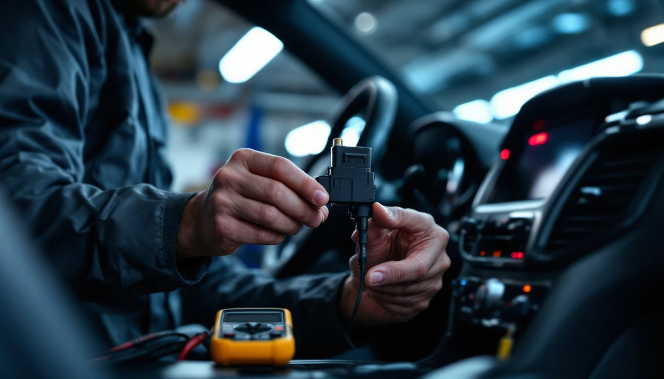 Technician diagnosing a steering column ignition module on a full-size American sedan in Grand Prairie, Texas