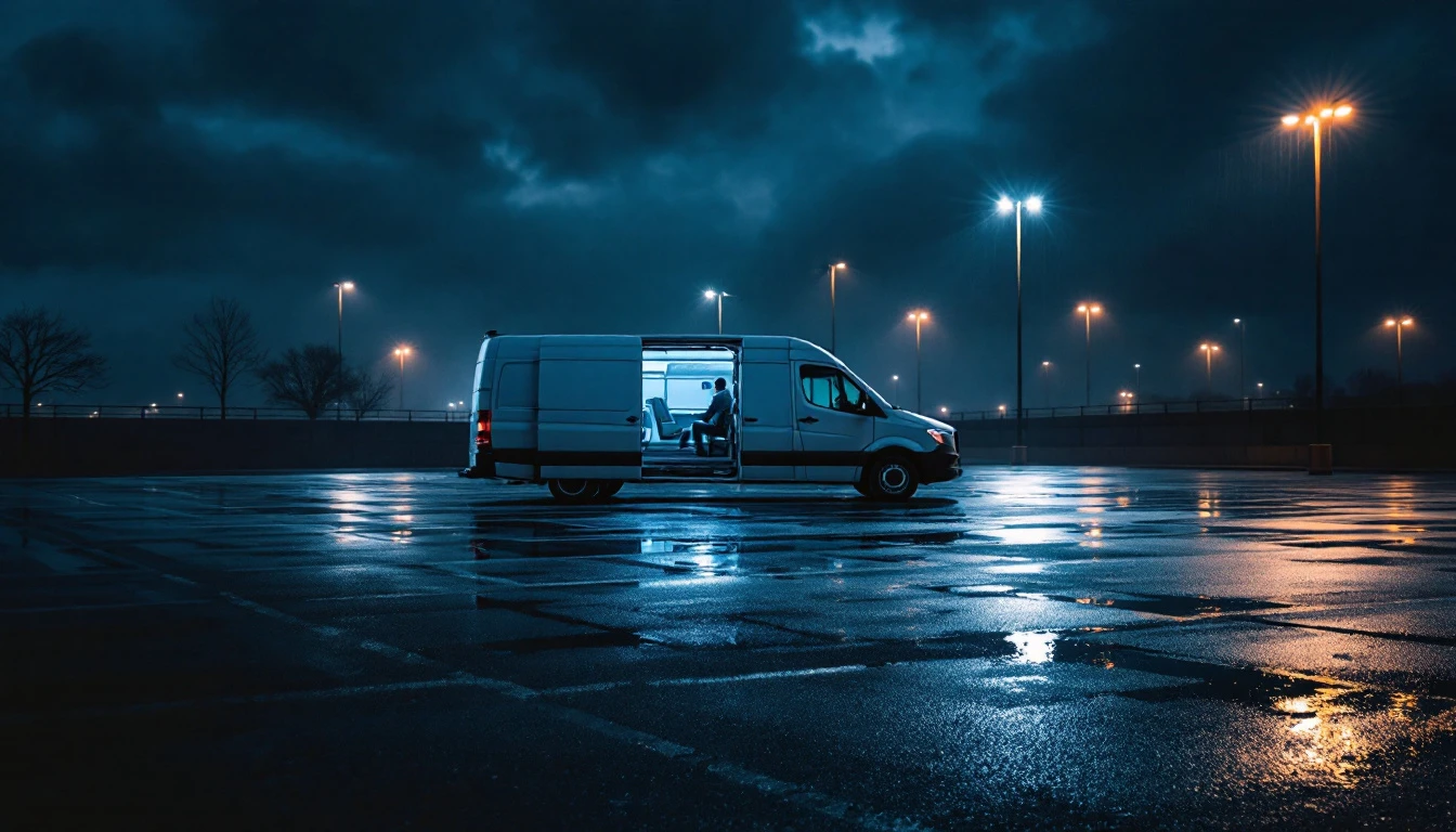 Mobile locksmith van parked beside a car under car park lighting at night in Grand Prairie, Texas