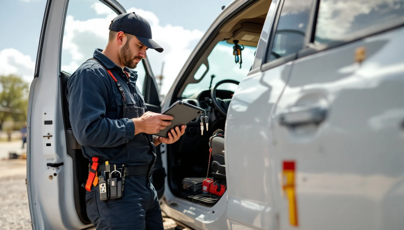 Technician programming a Ford truck key with a diagnostic tablet at the steering column in Grand Prairie, Texas
