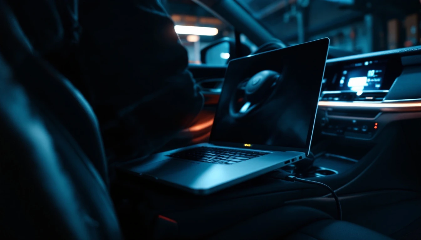 A diagnostic laptop and interface cable connected to the OBD-II port beneath the dashboard of a luxury sedan in Grand Prairie, Texas