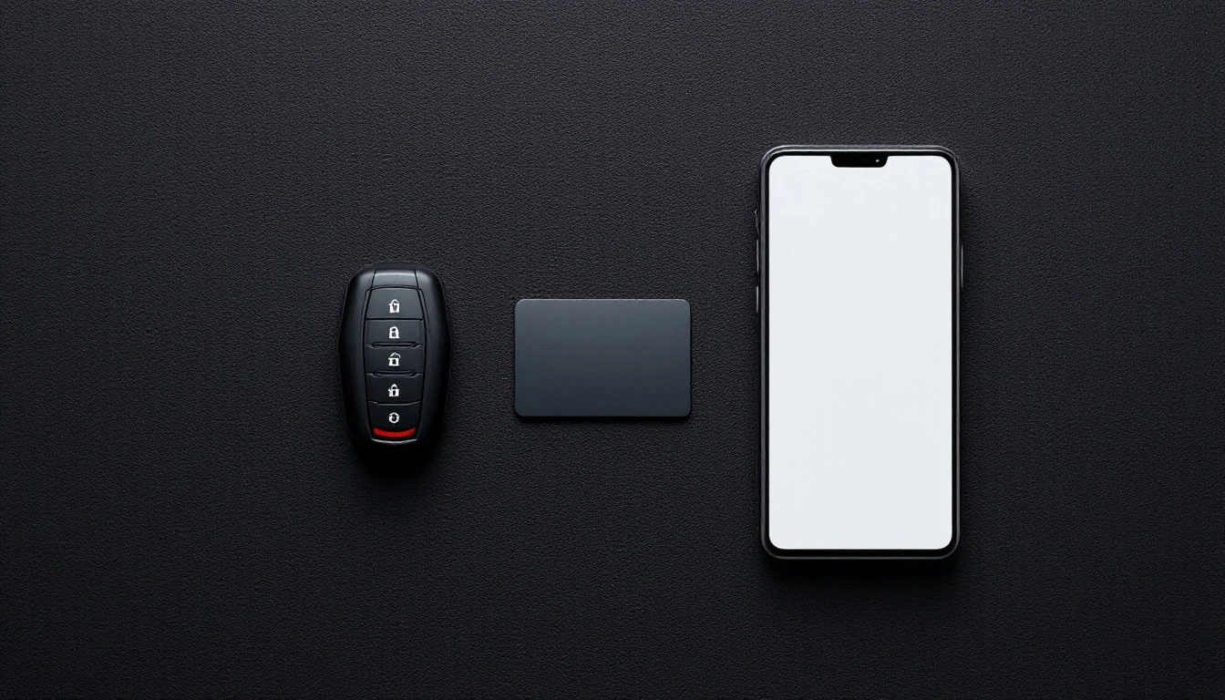 Overhead view of three vehicle access credentials side by side — a proximity key fob, a flat card key, and a smartphone — for a luxury electric crossover in Grand Prairie, Texas