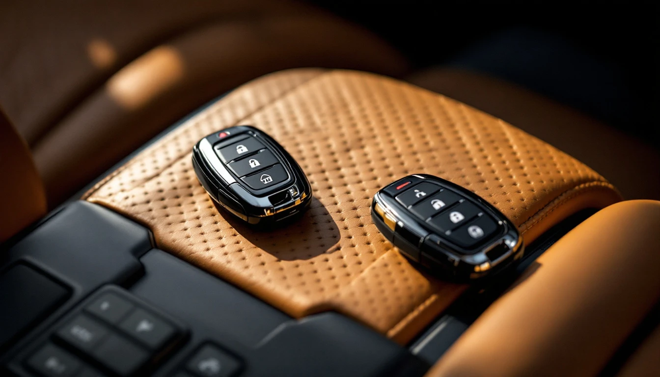 Two matching luxury SUV smart key fobs on a leather console with a mobile programming tool in Grand Prairie, Texas