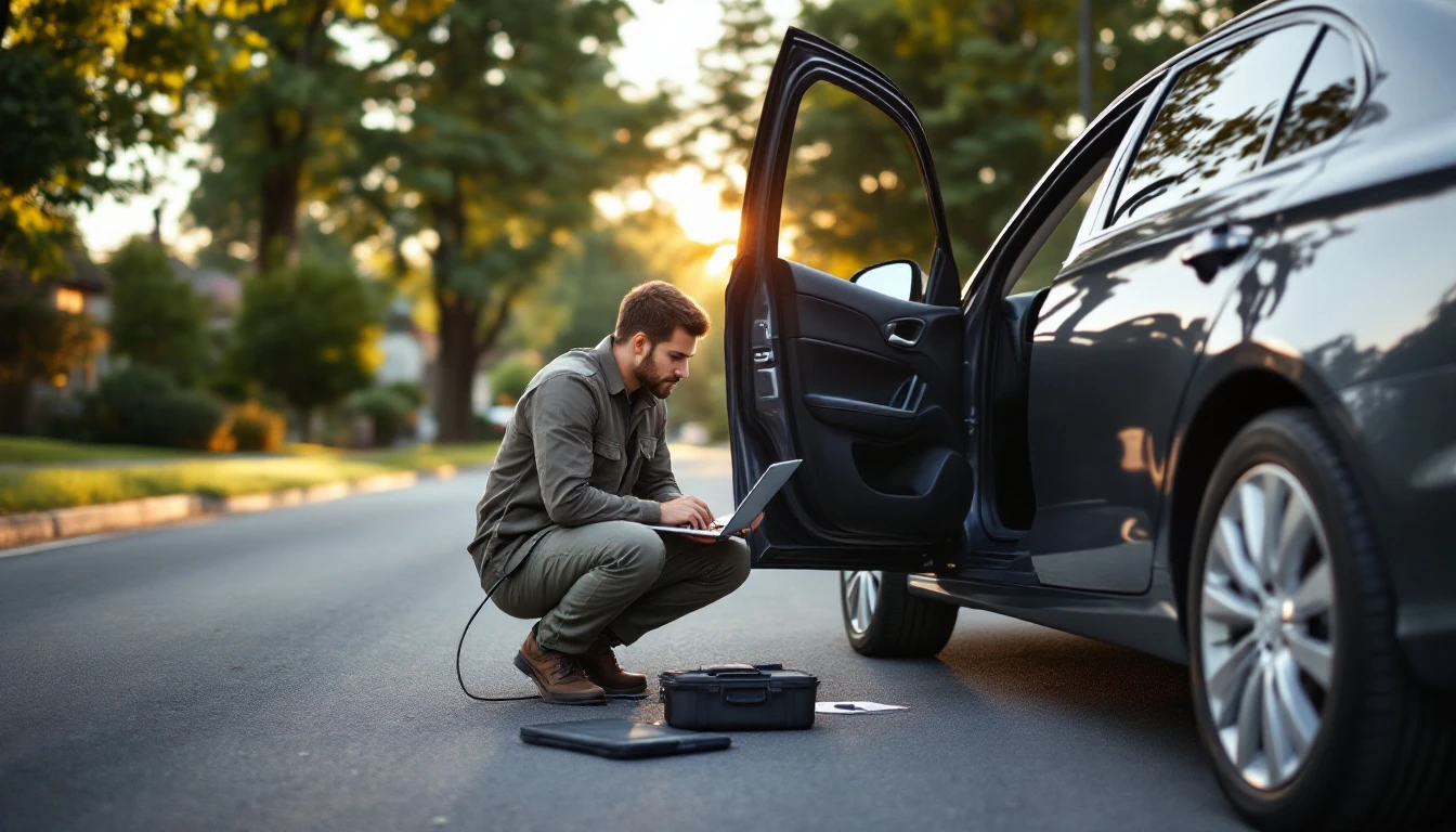 A mobile locksmith programming a smart key beside a full-size Korean sedan parked on a residential street in Grand Prairie, Texas