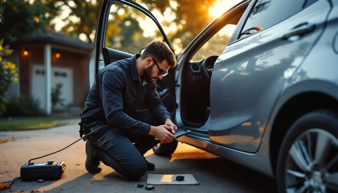 Mobile locksmith programming a Hyundai smart key at the driver door of a compact Hyundai in Grand Prairie, Texas
