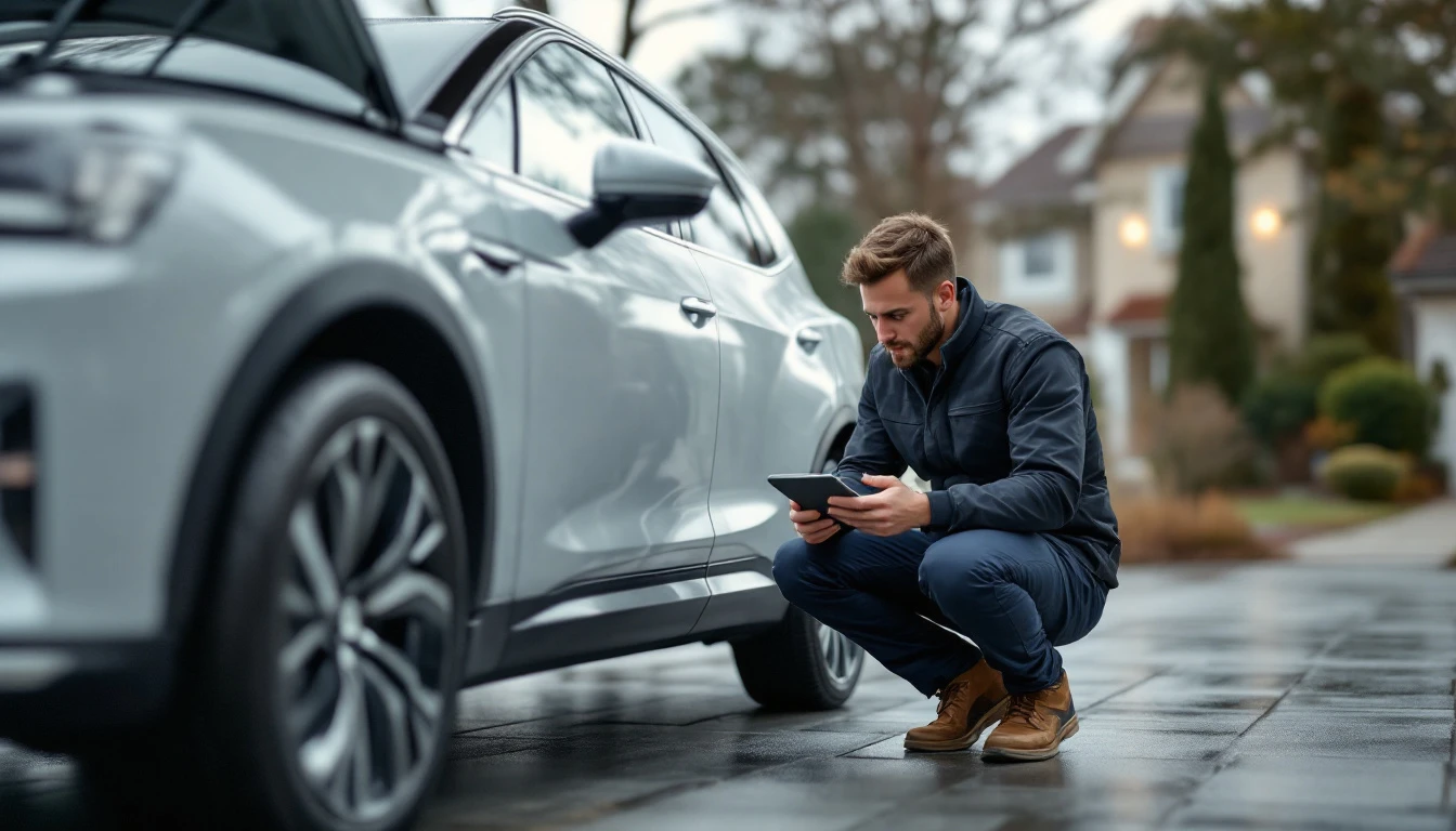 Mobile locksmith connecting a diagnostic tablet to the OBD-II port of a modern electric crossover in a Grand Prairie, Texas driveway