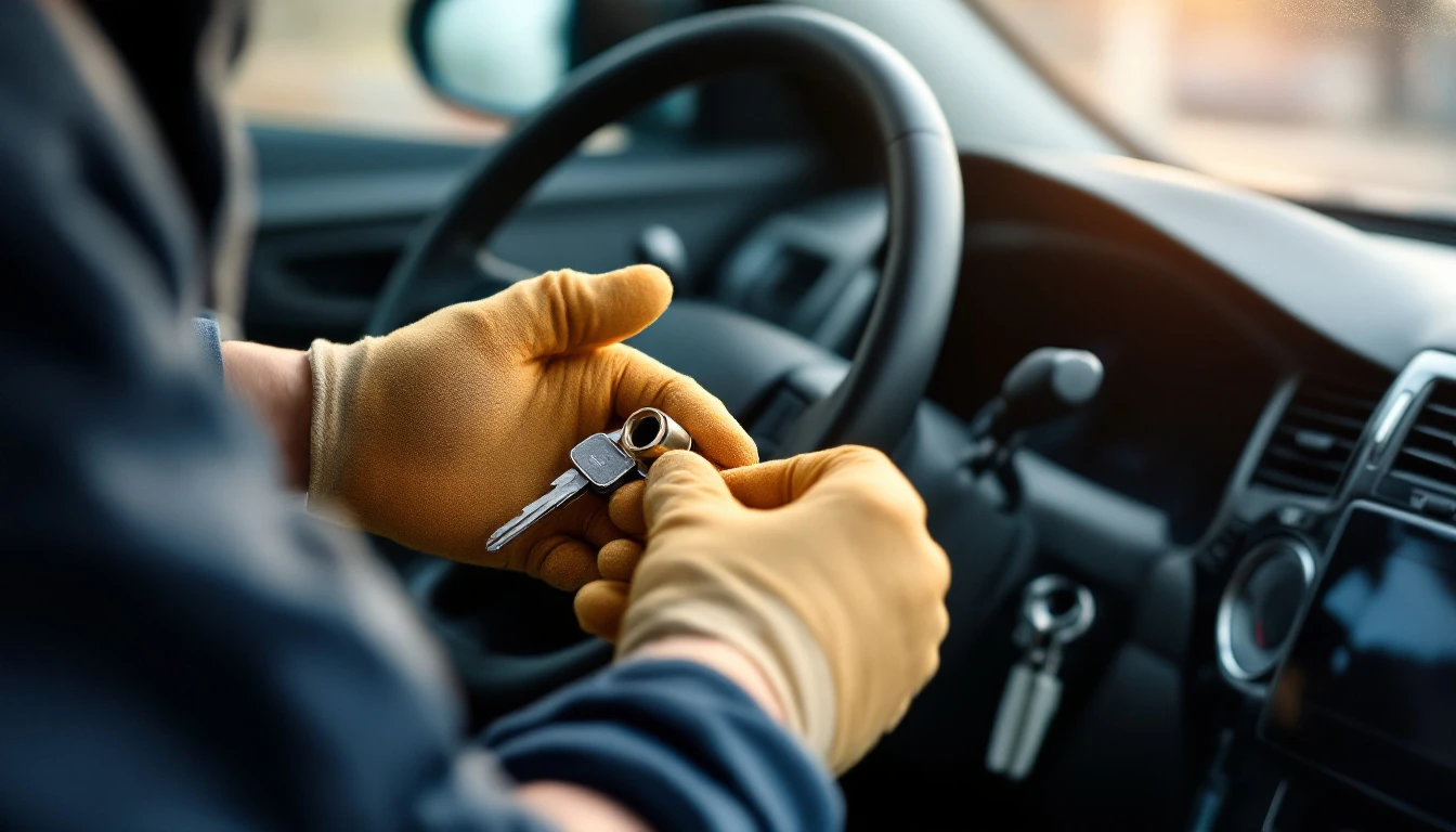 A locksmith holding a removed ignition lock cylinder and a freshly cut key beside the opened steering column of a compact car
