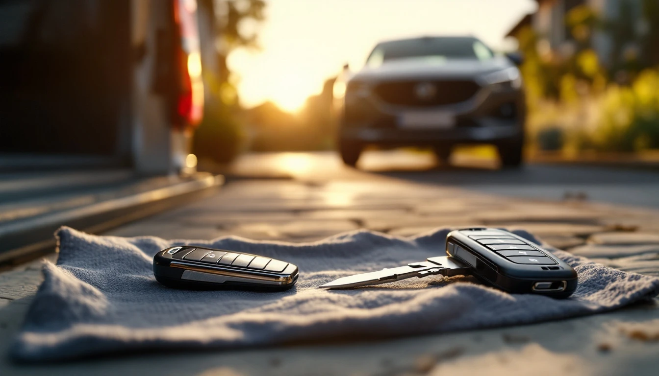 Two matching smart key fobs on the tailgate of a compact pickup beside a compact SUV in a Grand Prairie, Texas driveway
