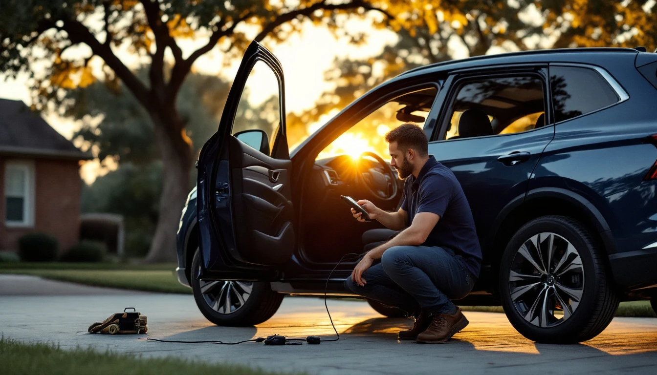 A technician crouching at the open driver door of a dark blue family SUV on a suburban driveway at sunset, holding a diagnostic tablet connected by cable to the vehicle