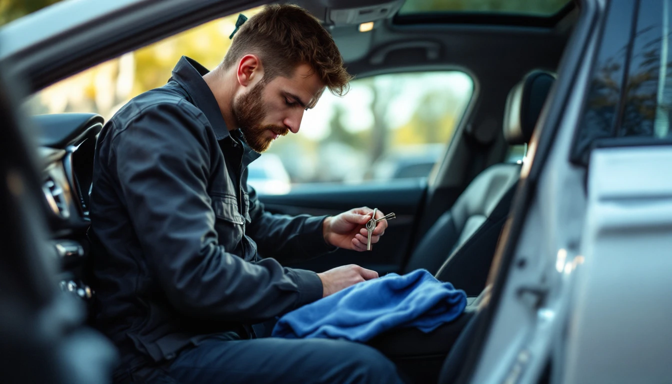 Close view of a locksmith working at the steering column ignition of a mid-size sedan with lock picks and a cut key on a cloth in Grand Prairie, Texas