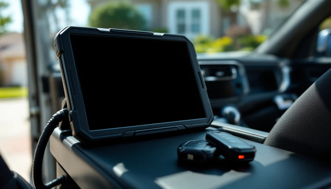 A diagnostic tablet connected by cable to the diagnostic port under a car dashboard, resting on the driver seat with the door open on a driveway