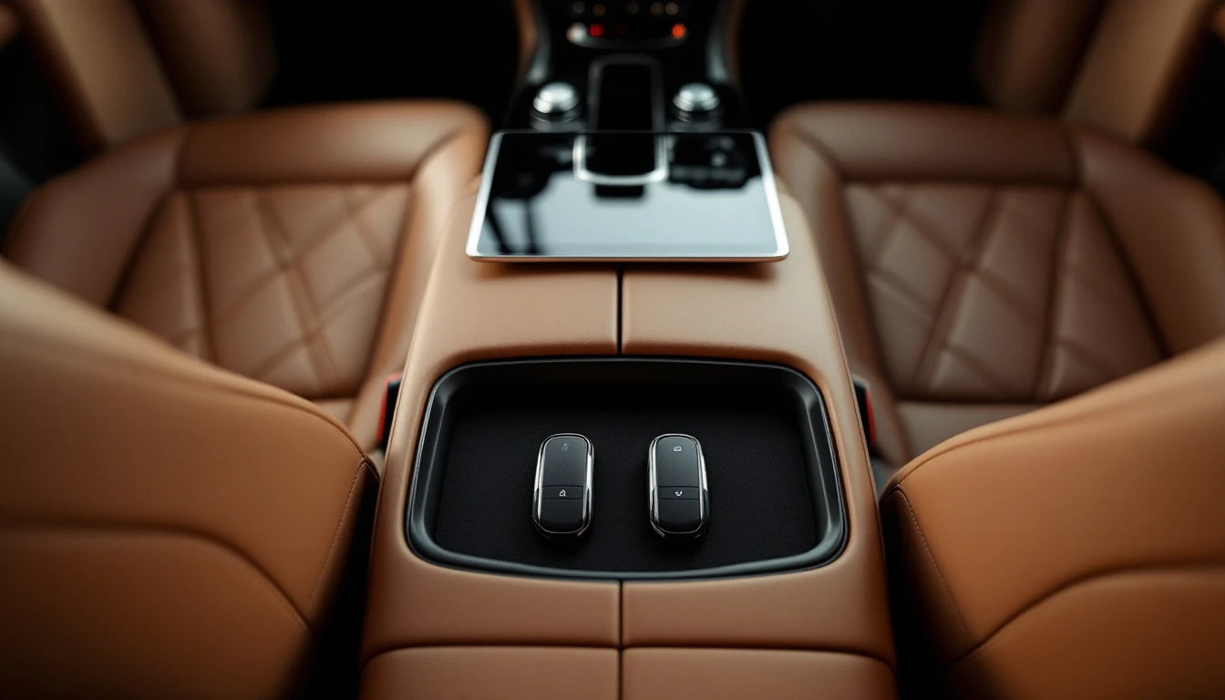Two proximity key fobs and a diagnostic tablet resting on the centre console of a three-row luxury SUV in a Grand Prairie, Texas driveway