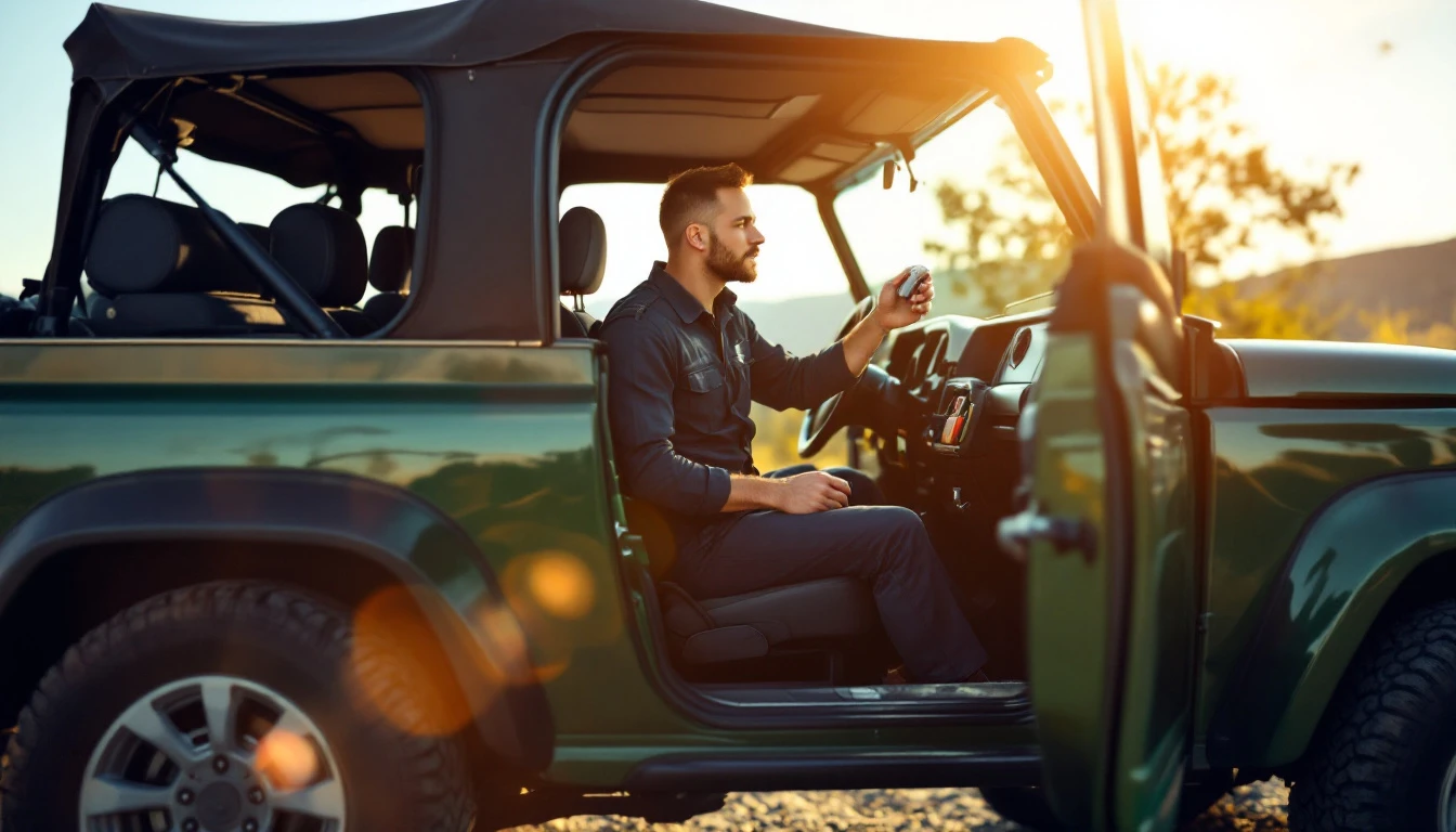 Technician inspecting a lock cylinder at the driver seat of a green open-top off-road SUV parked on a gravel track near Grand Prairie, Texas