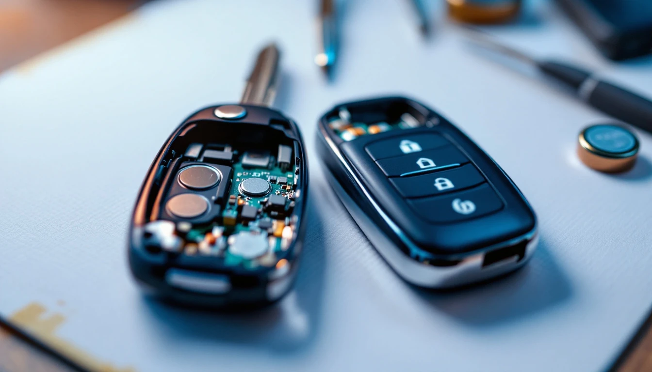 Opened car key fob showing circuit board and coin cell battery on a technician bench in Grand Prairie, Texas