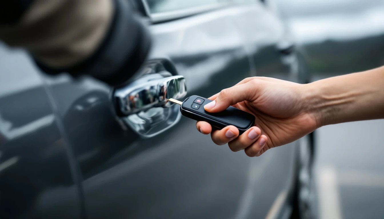 A driver pressing a car key fob directly against a door handle in a Grand Prairie, Texas parking lot because the remote range has failed