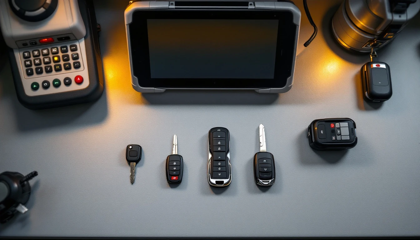 Four generations of car key fob laid out on a workbench beside a key-cutting machine and a diagnostic tablet in Grand Prairie, Texas