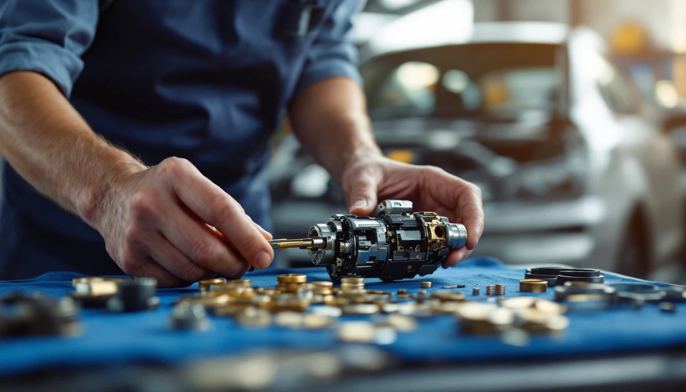 Automotive locksmith rebuilding an ignition lock cylinder on a workbench beside a compact Kia in Grand Prairie, Texas