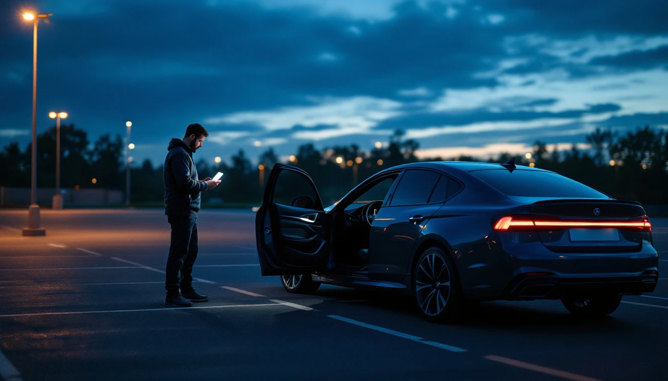 Locksmith working at the driver door of a sleek dark sport sedan at dusk in a Grand Prairie, Texas parking area