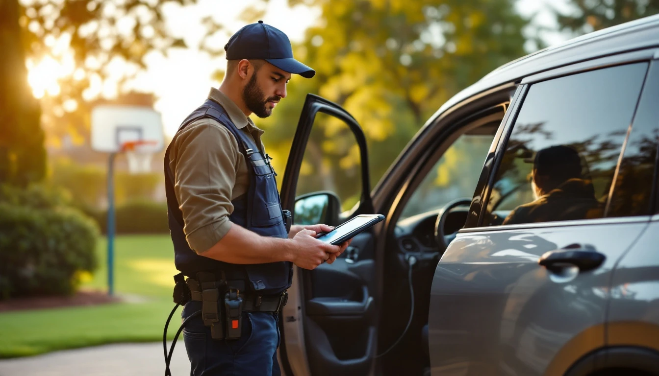 A locksmith with a diagnostic tablet working at the open driver door of a three-row family SUV in a suburban Grand Prairie, Texas driveway