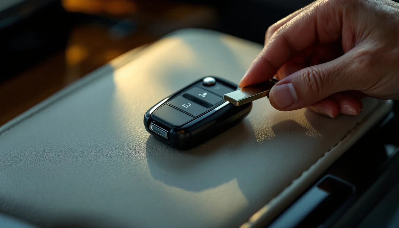 A hand sliding the metal emergency key blade out of a black smart key fob resting on the cream leather armrest of a luxury sedan
