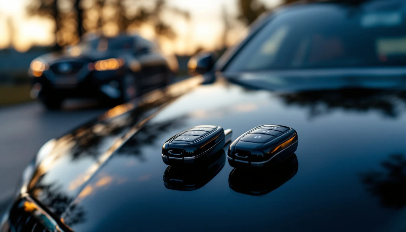 A German luxury sedan key fob and a diagnostic laptop on a workshop bench with a compact luxury SUV behind in Grand Prairie, Texas