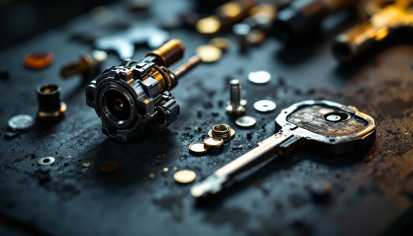 Disassembled ignition lock cylinder with wafers laid out on a bench mat beside a compact sedan steering column in Grand Prairie, Texas