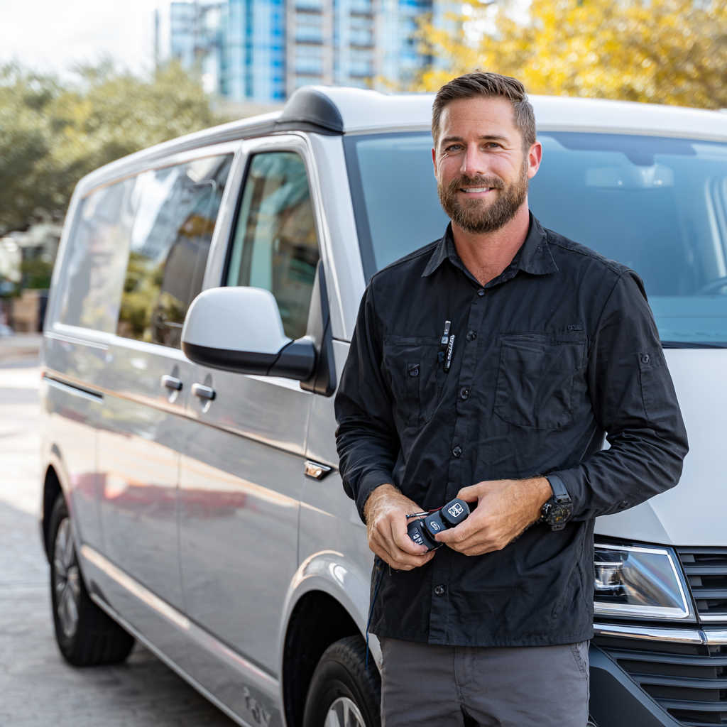 Mobile locksmith technician with car keys ready for service in Grand Prairie