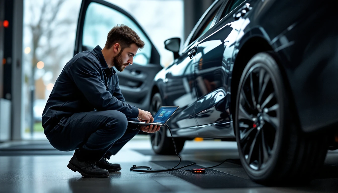 Mobile locksmith connecting a programming tool to the OBD-II port of a Nissan sedan in a Grand Prairie driveway