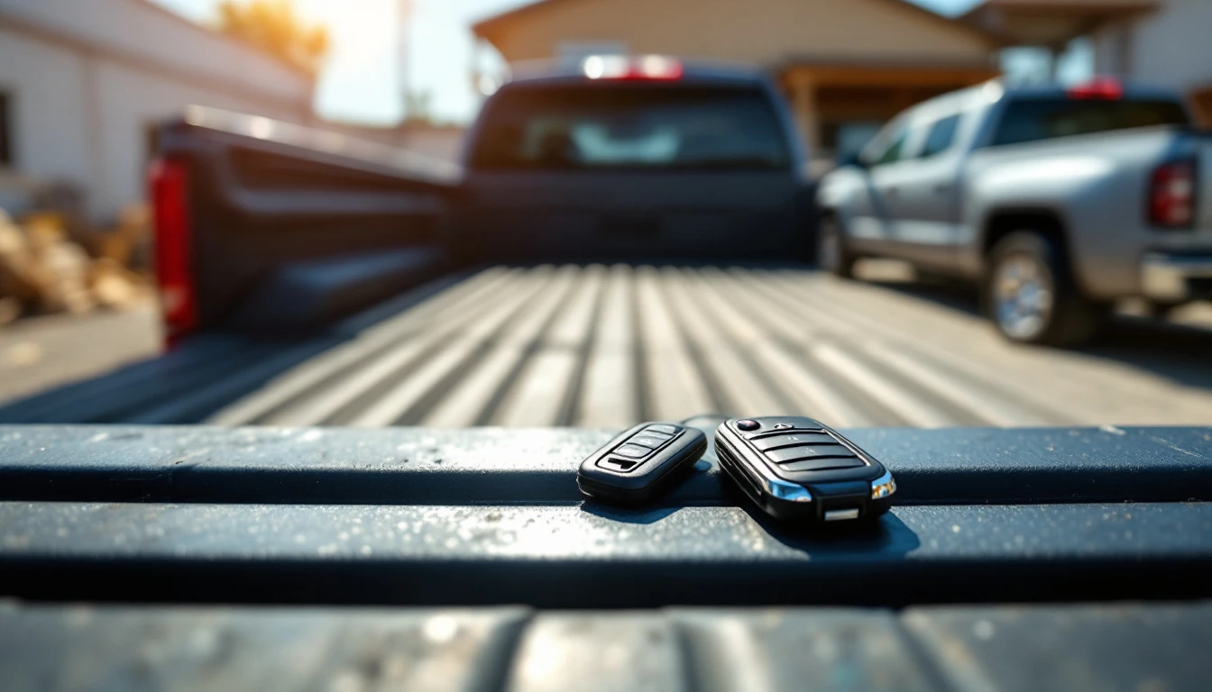A metal bladed key and a remote fob resting on the bed rail of a pickup truck with a second pickup parked behind on a Grand Prairie, Texas work yard