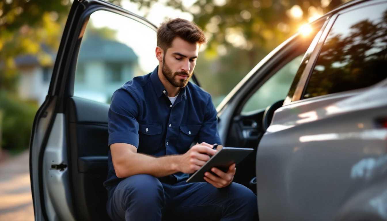 A mobile locksmith cutting and programming a Nissan Intelligent Key fob beside a parked crossover in Grand Prairie, Texas