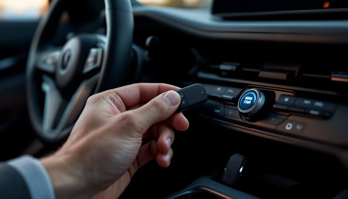 Two Nissan Intelligent Key fobs and a diagnostic tablet on the console of a large sedan beside a crossover in a Grand Prairie, Texas driveway