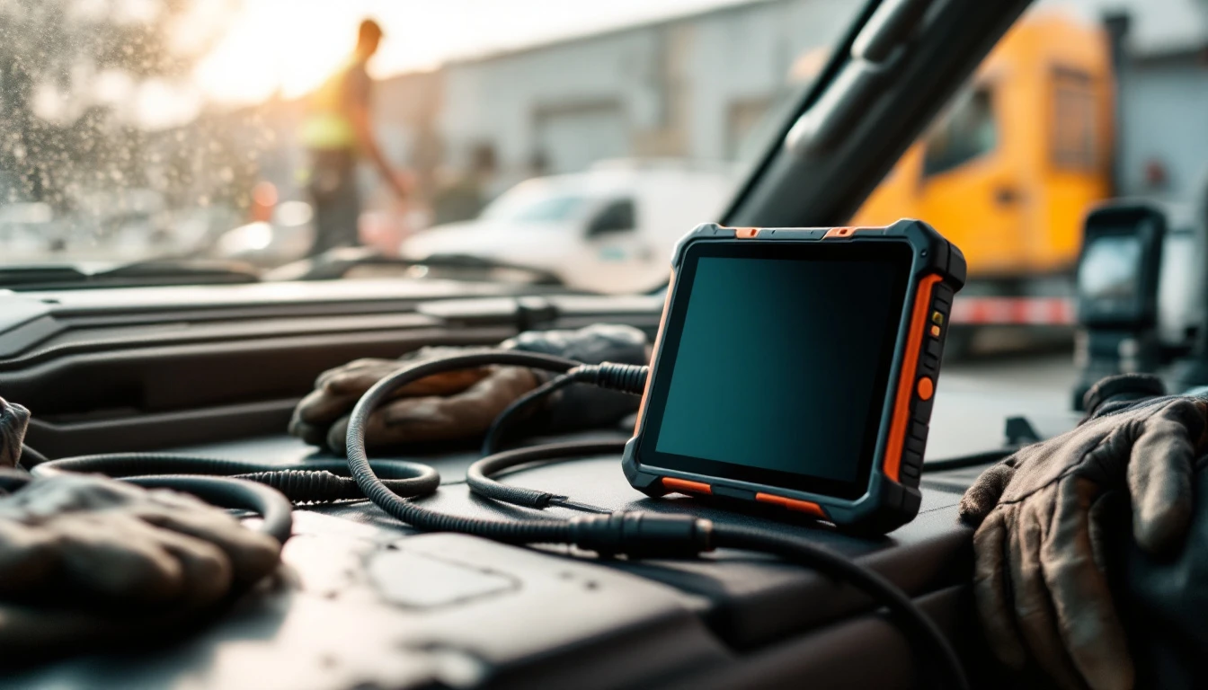 A rugged diagnostic tool, interface lead and work gloves resting on the dash of a full-size pickup truck at a Grand Prairie, Texas job site