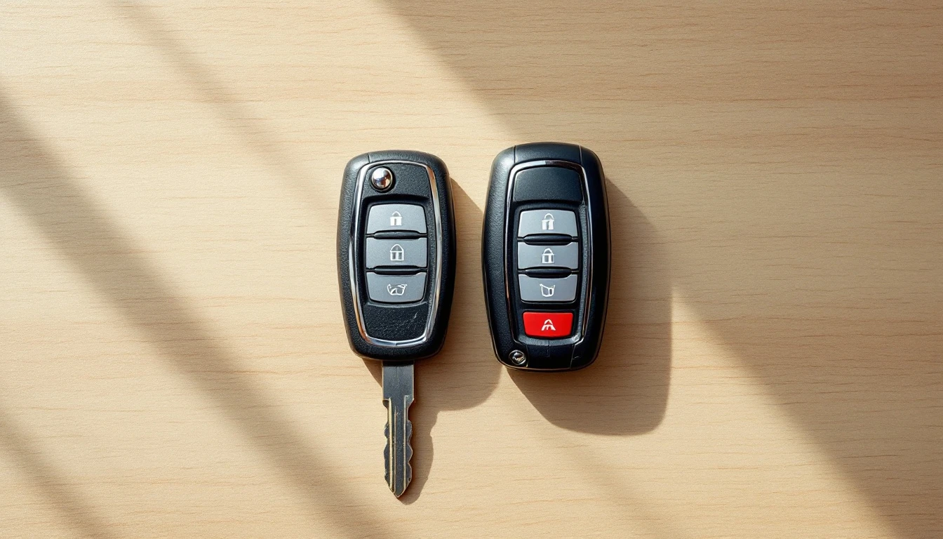 Two car keys for the same vehicle side by side on a kitchen worktop in Grand Prairie, Texas, one visibly older and worn than the other