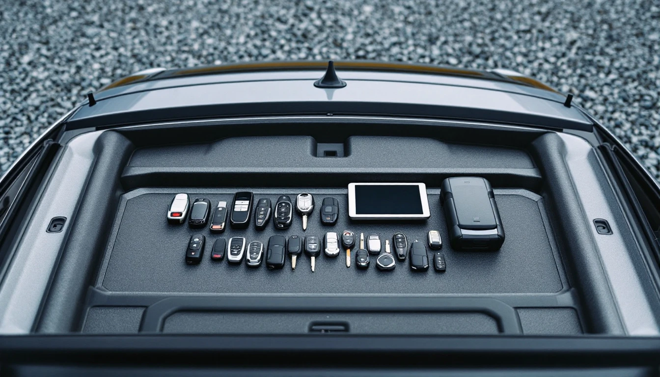 Several car keys and fobs gathered together with a diagnostic tablet on the rear cargo sill of a raised wagon-style crossover in Grand Prairie, Texas