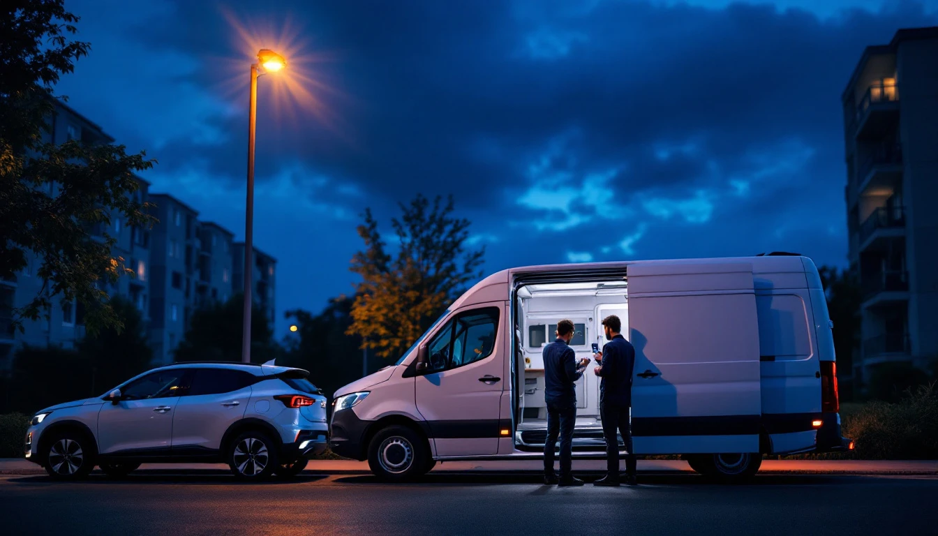 Mobile locksmith van parked beside a mid-size Toyota sedan during an all-keys-lost service call in Grand Prairie, Texas