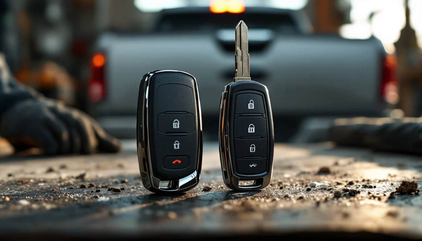 Two smart key fobs and a diagnostic tablet on the lowered tailgate of a full-size pickup beside a large SUV in Grand Prairie, Texas