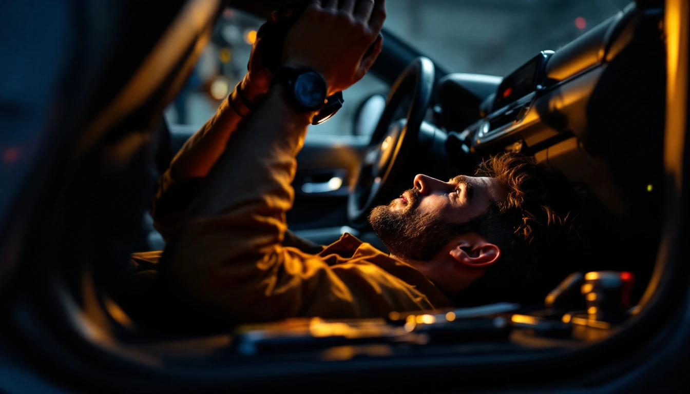 A technician with a torch and hand tools examining the steering column ignition assembly of a German family car in Grand Prairie, Texas